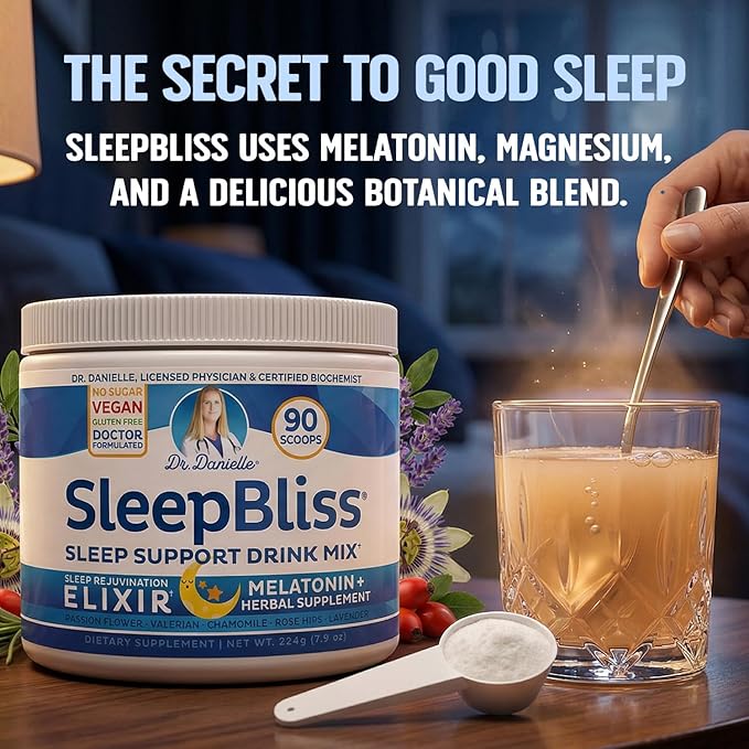 SleepBliss Nighttime Drink Mix – Melatonin Magnesium L-Theanine &amp Herbal Blend – Calming Nighttime Support Powder – Lavender &amp Chamomile – 30 Servings