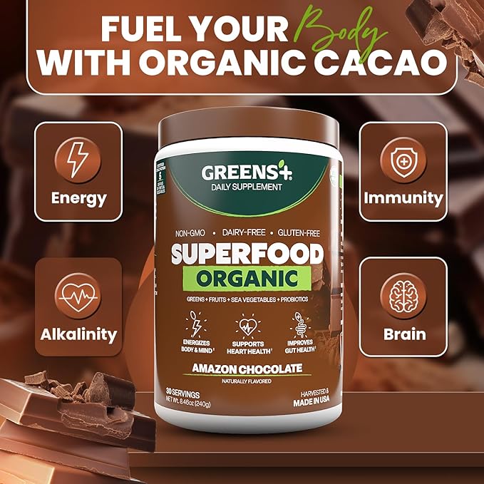 Greens+ Plus Organic Superfood Amazon Chocolate Boost Energy Essential Blend of Raw Foods Non GMO Gluten Free USDA Organic and Vegan Powder 8.46 oz