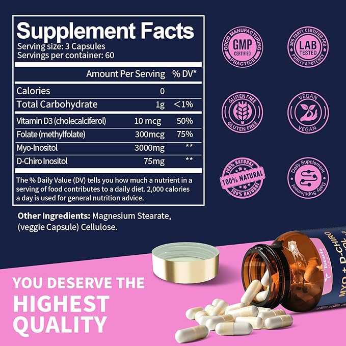 Totaria Inositol Supplement for Women with Vitamin D3 Folate 40:1 Ratio Myo-Inositol &amp D-Chiro Inositol Complex (Vitamin B8) Inositol Capsules 180 Capsules 60 Servings 2 Month Supply