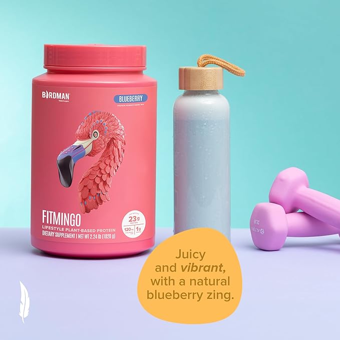 BIRDMAN Fitmingo Vegan Protein Powder with Inositol Collagen Boosters Hyaluronic Acid and Vitamins | Low Carb Dairy Free Lactose Free Low Calorie 23g Plant Based Blueberry Protein Powder
