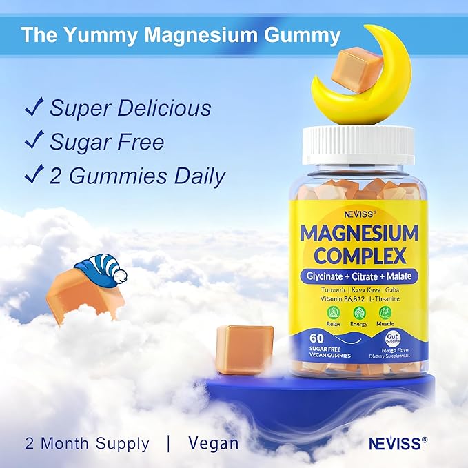 Magnesium Complex Gummies 400mg Magneisum Glycinate Citrate Malate + Turmeric GABA B6 B12 Kava Kava L-Theanine for Sleep Calm Relaxation Energy Magnesium Gummies for Women Men Vegan 2 Pack