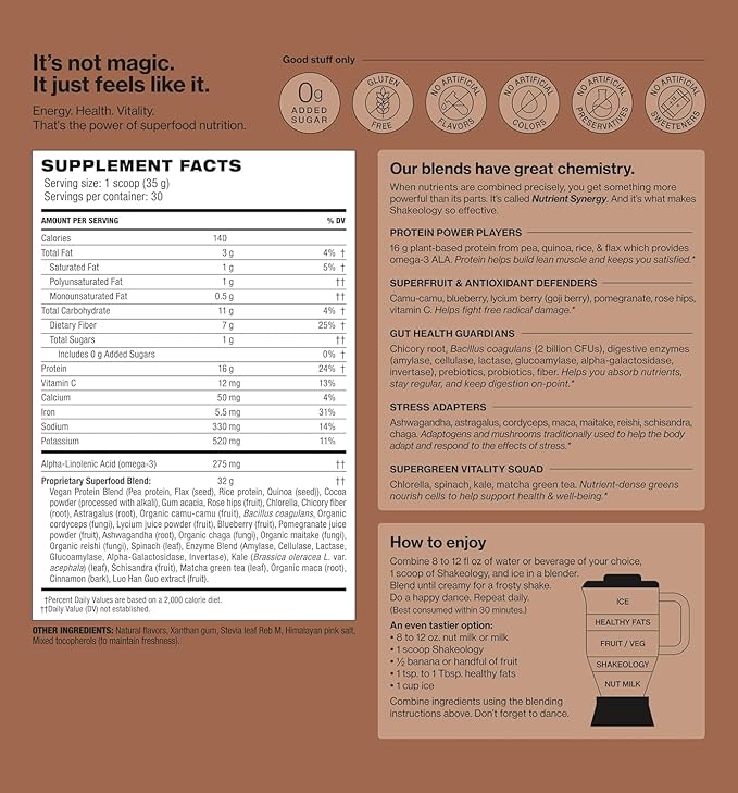 Shakeology 0g Added Sugar Plant Based Protein Powder Blend Gluten-Free Shake with Vitamins and Minerals – Helps Support Healthy Weight Loss Lean Muscle Gut Health – Chocolate 30 Servings