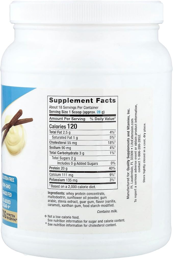 Life Extension Wellness Code Whey Protein Concentrate 20g Muscle Growth &amp Immune Health - Sourced From Grass-Fed Free-Range Hormone-Free Cows Non-GMO No Added Sugar Vanilla- 500g