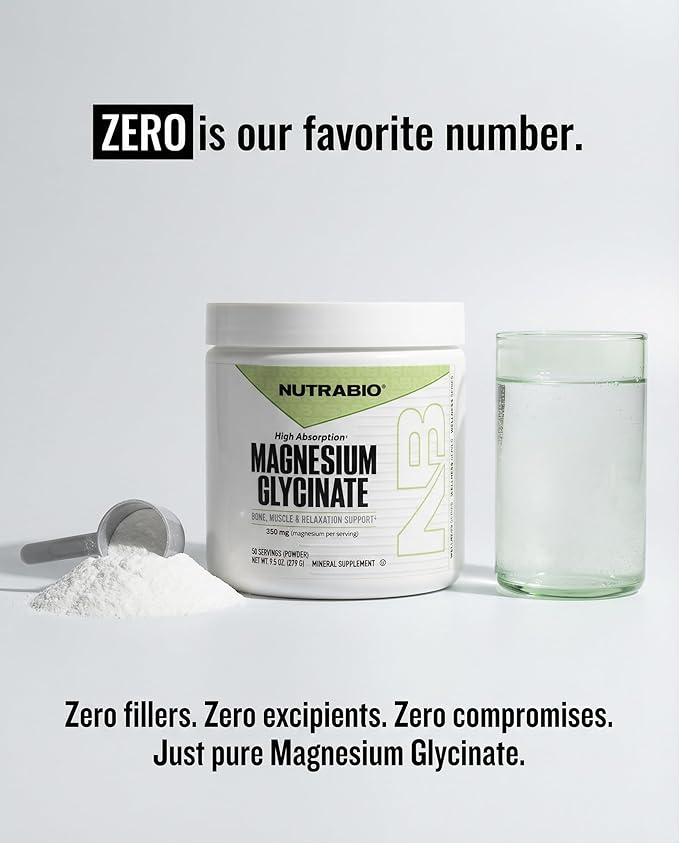 NutraBio Magnesium Glycinate Powder for Sleep- Sleep Supplement Supports Relaxation Heart Health and Metabolism- 350 mg- Unflavored Drink Mix- 50 Servings