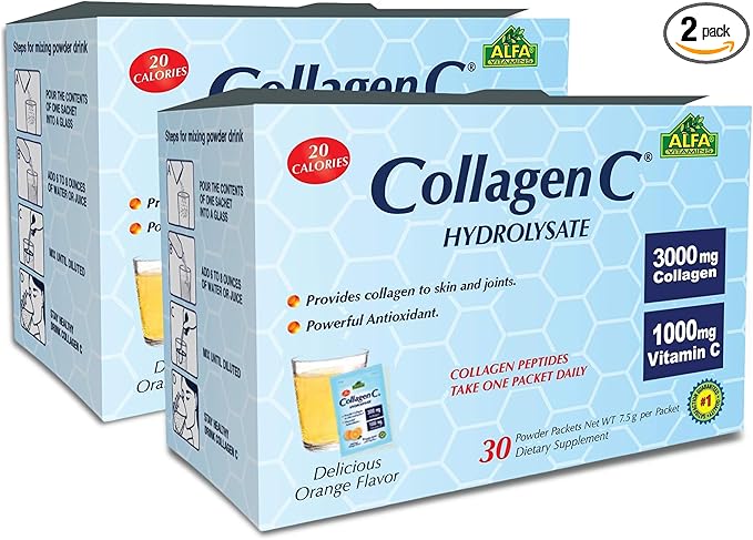 ALFA VITAMINS Collagen C Peptides Hydrolysate Powder Supplement Vitamin C 1000mg Gluten Free Hydrolyzed Collagen for Skin Hair Nails Joint &amp Bone Support Antioxidant 30 Sachets per Box 2 P