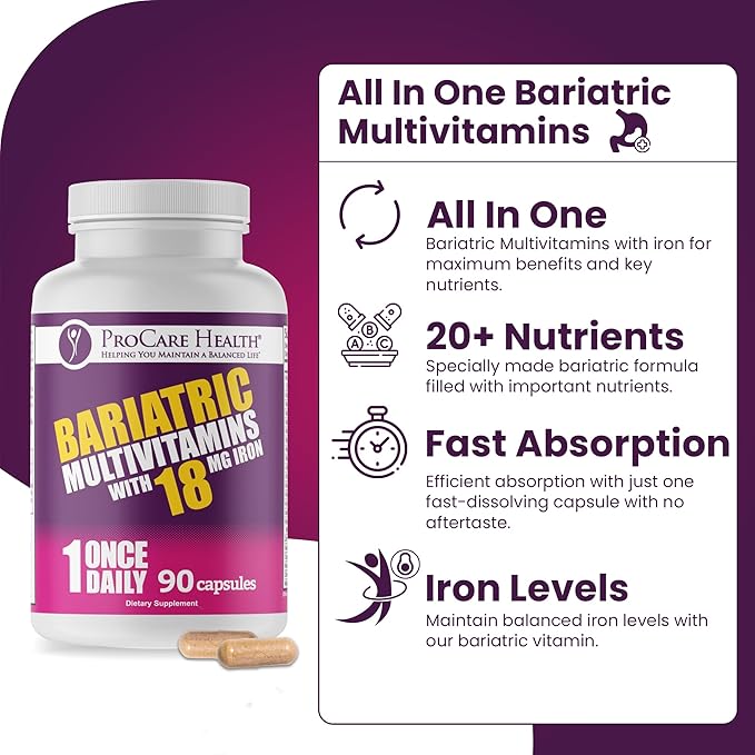 ProCare Health Bariatric Multivitamin with 18mg Iron (3 Month Supply) Post-Op Vitamins Bariatric Surgery Patients Supports Recovery (90 Easy to Swallow Capsules)