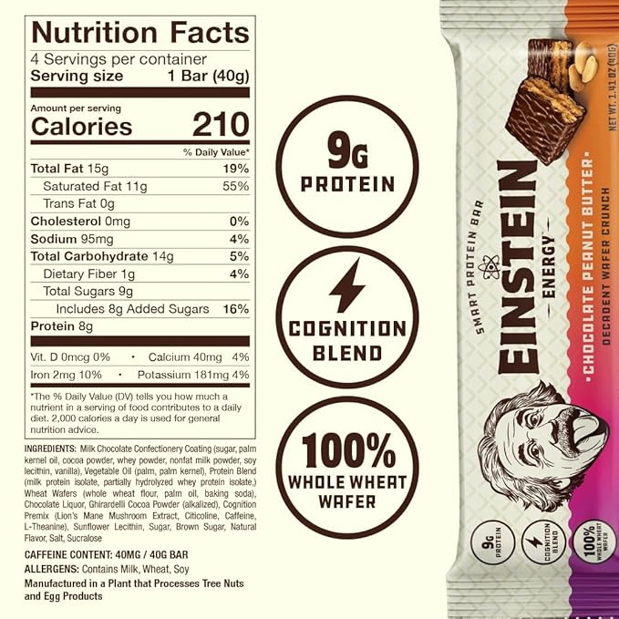 Einstein Energy Smart Snack Bars- Double Chocolate &amp Peanut Butter Protein Bars with Lion’s Mane Green Tea Extract &amp Caffeine for Focused Energy- Chocolate Wafers Bars Boost Mind Body &amp