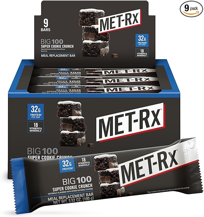 MET-Rx Big 100 Protein Bar Meal Replacement Bar 32G Protein Super Cookie Crunch 3.52 Oz (Pack of 9)