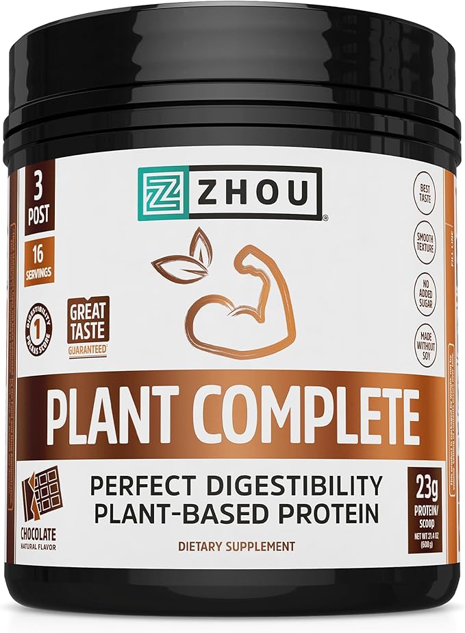Zhou Plant Complete Vegan Protein Powder - Plant Based Protein Powder for Women &amp Men Non Dairy Rice &amp Pea Blend for Smoothies &amp Shakes 21g Protein Per Serving - Chocolate 17.7oz (16 Se