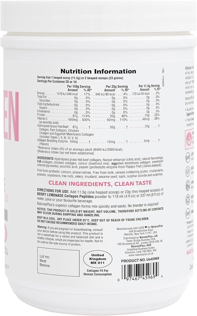 NaturesPlus Collagen Peptides Berry Lemonade - 0.8 lb Powder - Hair Skin Nail &amp Joint Health Immune System Support - Non-GMO Gluten Free - 14 Servings