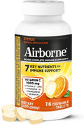 Airborne Vitamin C 1000mg (per Serving) - Citrus Chewable Tablets (116 Count in a Bottle) Gluten-Free Immune Support Supplement with Vitamins A C E Zinc Selenium Echinacea Ginger Antioxidants