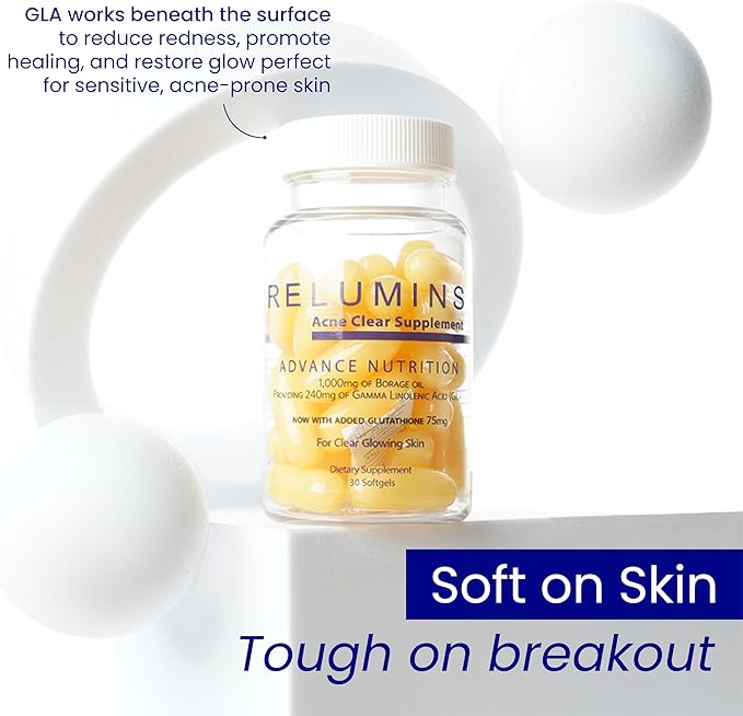 Relumins Natural Acne Softgel Spring Glow Essential – 300mg Borage Oil with GLA – Plant-Based Supplement to Support Clear Balanced Skin Smooth Texture Hydration and Daily Wellness