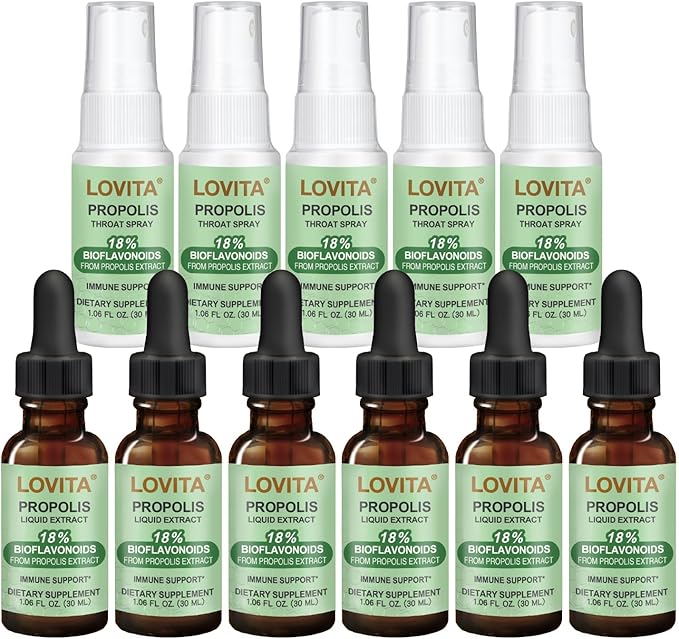 LOVITA 11-Pack Ultimate Propolis Stock Up Bundle - 6 Liquid Extract Drops &amp 5 Throat Sprays 18% Bioflavonoids Year-Round Immune &amp Throat Defense (11 Pc Set)