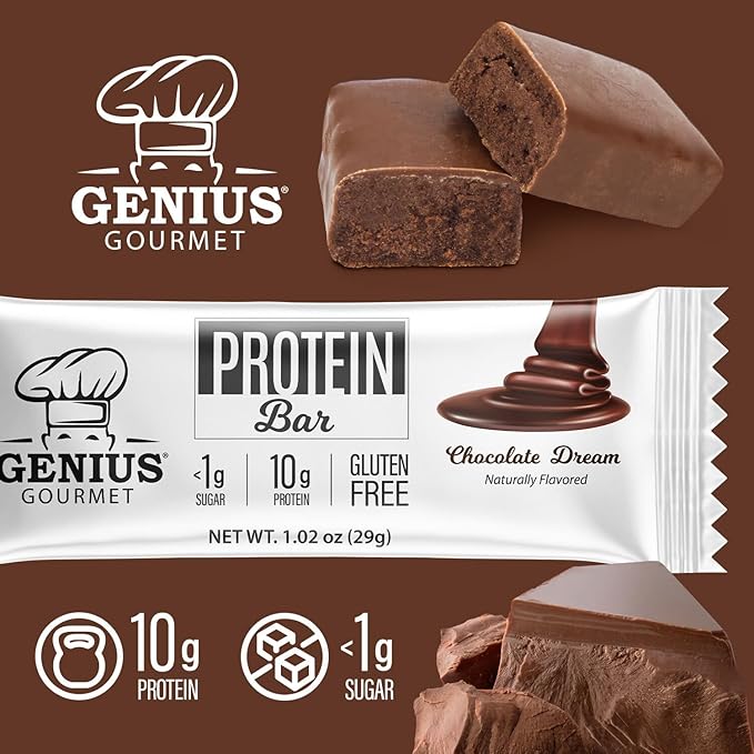 Genius Gourmet Protein Bar Chocolate Dream Keto Snack Low Carb Low Sugar &amp Gluten Free Protein Snacks for Adults 10G of Whey Protein per Protein Bar 5 Net Carbs 20 Count