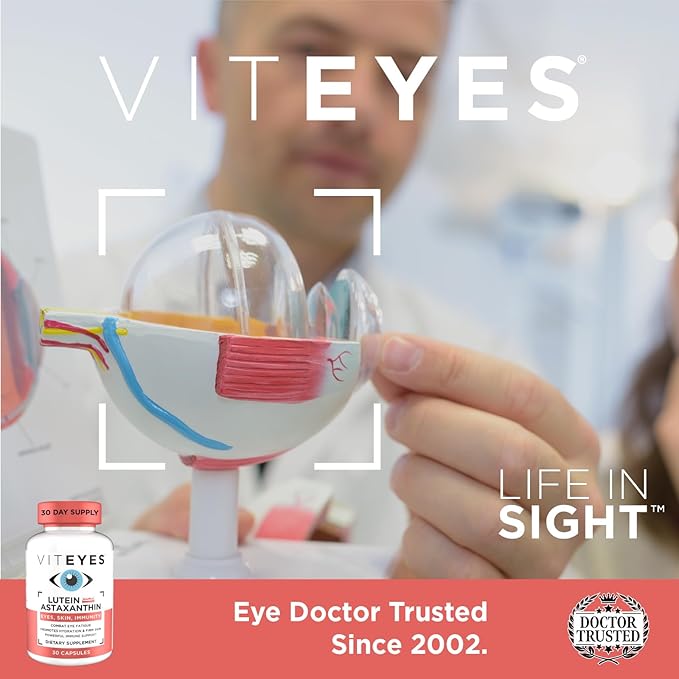 Viteyes Lutein &amp Astaxanthin – Relieve Eye Fatigue Hydrate &amp Firm Skin Blue Light Protection Immune Support 20 mg Lutein 4 mg Astaxanthin Eye Vitamins Doctor Trusted Brand 30 Capsules