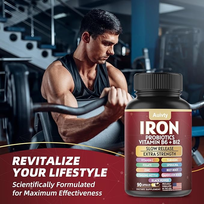 Iron Supplement with Slow Release Iron Probiotics Spirulina Turmeric Vitamin C B6 B12 Zinc &amp Folate 13-in-1 Daily Support Gentle on Stomach 60 Veggie Capsules