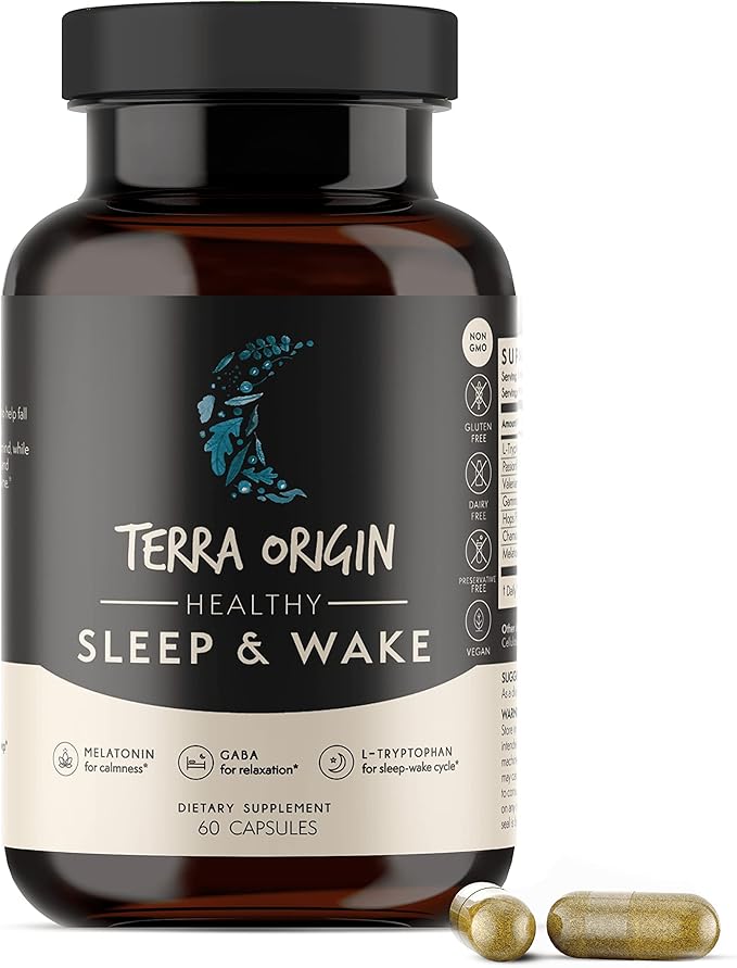 TERRA ORIGIN Healthy Sleep &amp Wake | Natural Sleep Aid Supplement for Adults | Restful and Awake Refreshed | GABA L-Tryptophan Melatonin Chamomile Valerian PassionFlower | 60 Capsules