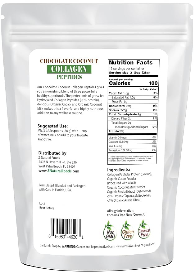 Z Natural Foods Chocolate Coconut Collagen Peptides Made with Coconut Milk Powder Delicious Protein Powder for Overall Wellbeing Sugar-Free Non-GMO Gluten Free Kosher 1 lb.