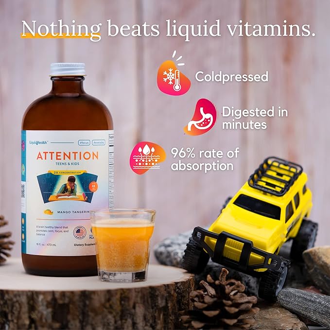 LIQUIDHEALTH Calcium with Magnesium Joint Support + Kids Attention Calm and Focus Children Memory Support Supplement Bundle