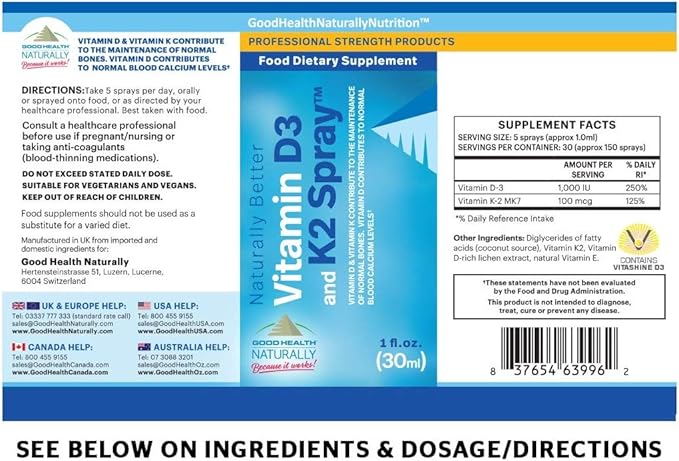 Vitamin D3 and K2 Spray for Immune Heart and Bone Health 30ml - Good Health Naturally