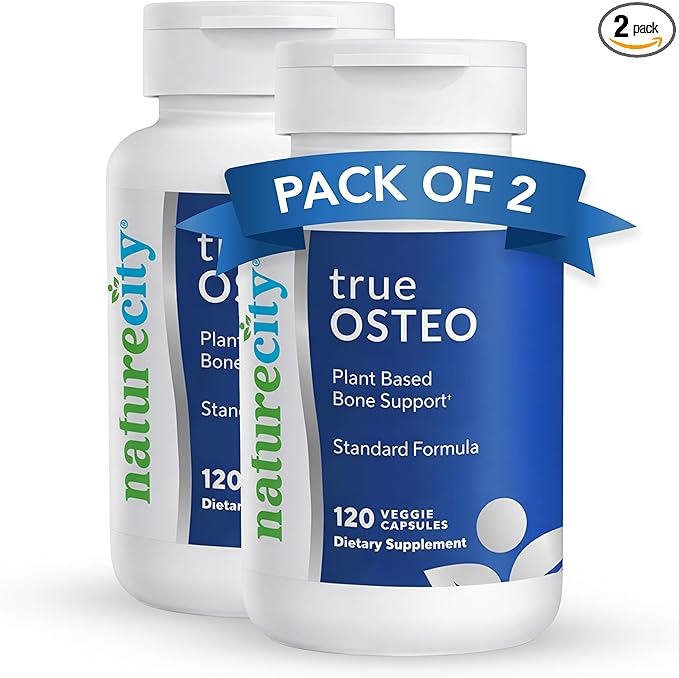 NatureCity True-Osteo Plant-Based Supplement for Bone Strength | AlgaeCal Calcium &amp Magnesium Plant-Based Vitamin D3 Vitamin K2 Silicon| Gentle on Stomach (120 Veggie Capsules) (Pack of 2)