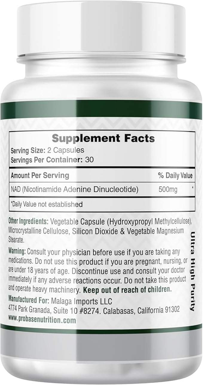 Probase Nutrition NAD Supplement 500mg High Potency 30 Day Supply NAD Maximizer Similar to Nicotinamide Riboside Vegan Non GMO Third Party Tested