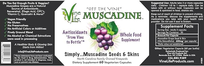 VineLife Muscadine Grape Seed &amp Skin 650mg - 60 Veggie Capsules - Antioxidant Superfood - 1300mg Per Serving - Natural Resveratrol