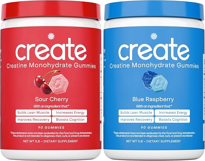 Create Creatine Monohydrate Gummies - Rocket Pop Duo - Blue Raspberry &amp Sour Cherry - Creatine Gummies for Women &amp Men NSF Certified 3rd Party Tested Anti-Melting Formula 180 Count (2-Pack