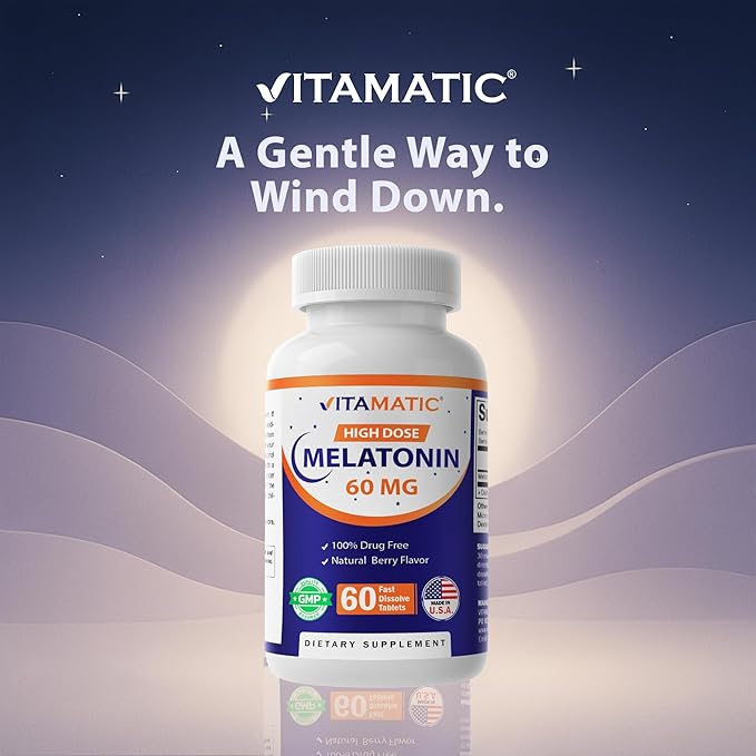 Vitamatic Melatonin 60 mg Fast Dissolve Tablets - 60 Vegan Natural Berry Flavor Tablets - Non-Habit Forming - Non-GMO Gluten Free (1 Bottle)