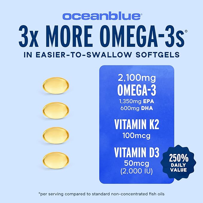 Oceanblue Professional Omega-3 2100 with Vitamin K2 and Vitamin D3 - Triple Strength Burpless Fish Oil Omega-3 Supplement with EPA &amp DHA - Wild Caught - Orange Flavor (120 Mini Count (Pack of 1))