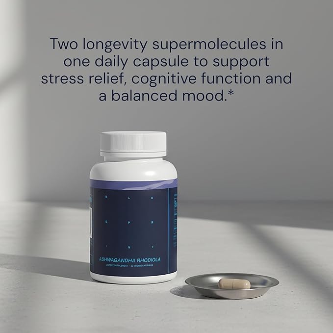 Blueprint Bryan Johnson Ashwagandha &amp Rhodiola Supplement – 120mg Ashwagandha + Rhodiola Root – Daily Adaptogen Capsules for Stress Support Mood Balance Energy &amp Focus – 30 Vegan Capsules