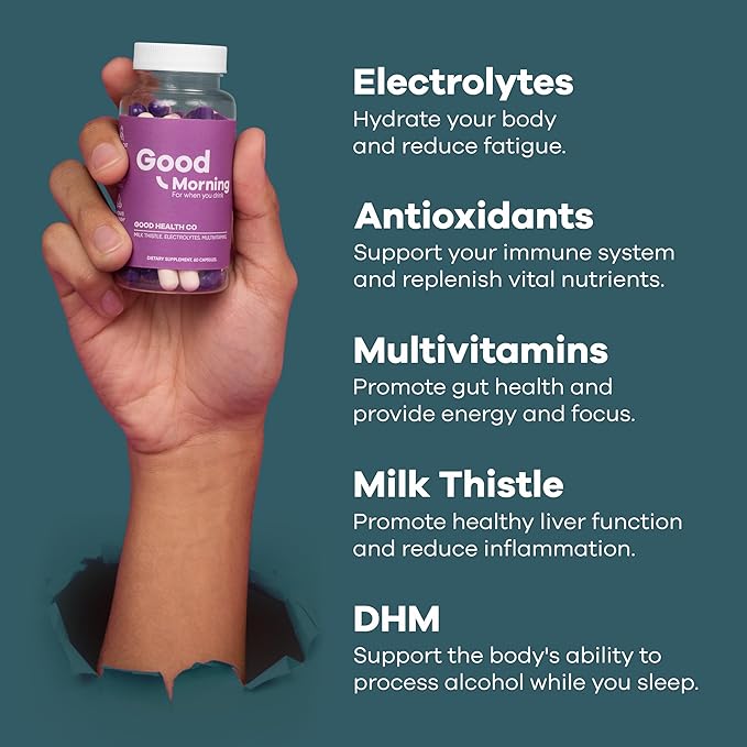 Good Morning Hangover Pills | 88.89% Effective at Hangover Prevention in Clinical Trial | After Alcohol Aid with DHM Milk Thistle and Electrolytes to Help You Party smart. Cheers