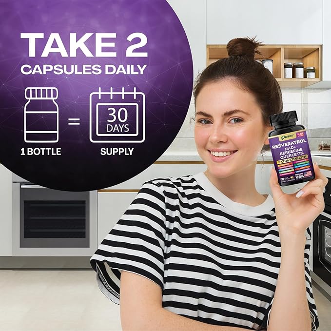 Resveratrol Supplement with Milk Thistle NAD Berberine Quercetin Fisetin Pomegranate Green Tea Noni Acai Blueberry Grape Seed Extracts N-Acetyl Cysteine 14-in-1 Extra Strength (60 Caps)