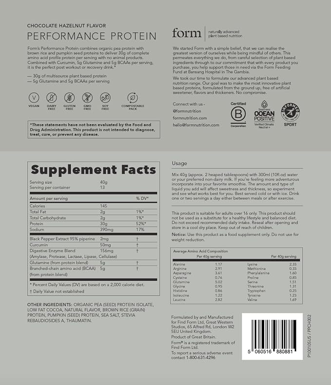 Form Performance Protein - Vegan Protein Powder - 30g of Plant Based Protein Powder per Serving with BCAAs. Perfect Post Workout. Tastes Great with Just Water!(Chocolate Hazelnut)