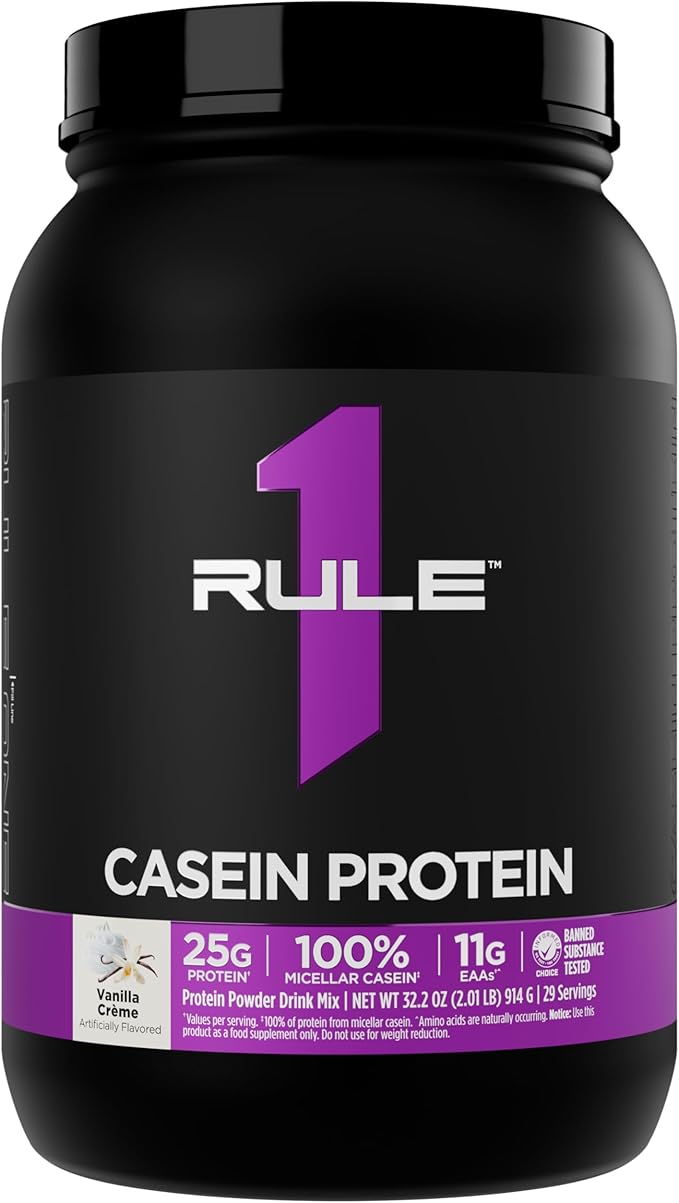 Rule 1 Casein Protein - 25g Protein and 11g EAAs Per Serving from Slow-Release Micellar Casein for Overnight Recovery and Sustained Delivery Between Meals (2 Pounds* Vanilla Crème)