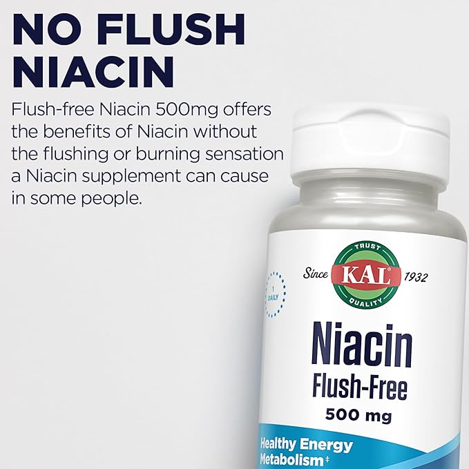 KAL Niacin 500mg Flush Free - Vitamin B3 Supplement - Metabolism and Energy Support - Skin Nerve Digestive Health and Circulation Support - Vegan Vitamin 60-Day Guarantee 60 Servings 60 VegCaps