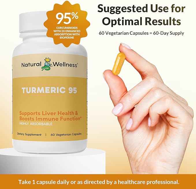 Natural Wellness Turmeric 95 with BioPerine® – 95% Curcuminoids – High Absorption Turmeric Supplement for Joint Health Immune Support &amp Liver Detox – Vegan Non-GMO 60 Capsules