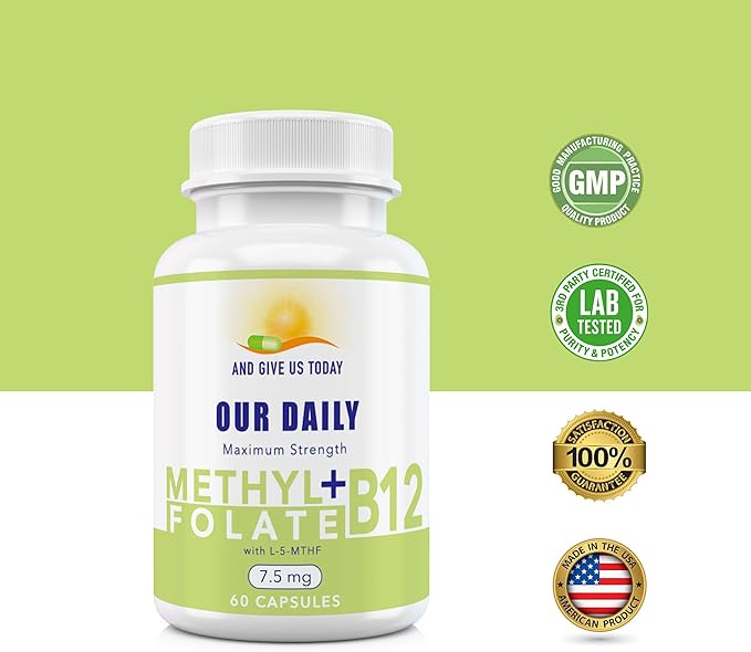 L-Methylfolate 7.5 mg N B 12 1000 mcg 60 Capsules - Methylated Glycine - Boost Mood Energy &amp Memory - Immune Support &amp VItamin Supplement for Men &amp Women - Non-GMO Vegetarian Capsules