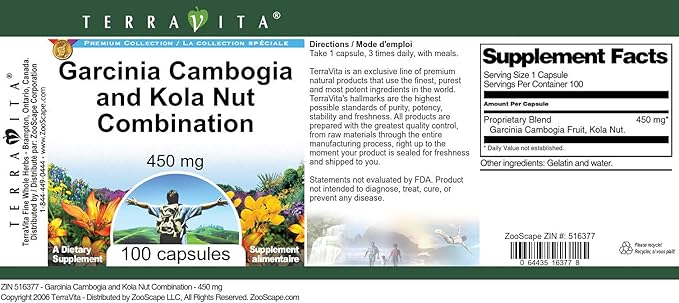 Garcinia Cambogia and Kola Nut Combination - 450 mg (100 Capsules ZIN: 516377)