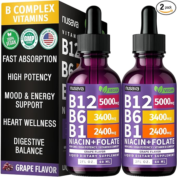 (2 Pack) Vitamin B12 and B6 Liquid Drops B12 Sublingual Vitamin B Complex - B 12 Vitamin 5000mcg - B12 Methylcobalamin for Energy Brain Heart Support with 27200 mcg Grape Flavor 80 Servings