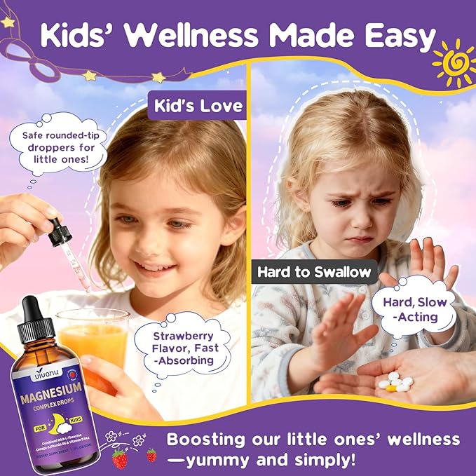 Kids Magnesium Liquid Drops Magnesium Glycinate Liquid for Children's Supplement with Vitamin D3 K2 B12 &amp B6 Omega 3L-theanineLemon Balm-for SleepRelaxationCalmFocus Strawberry Flavor