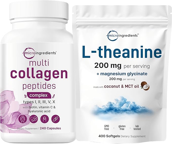Micro Ingredients 8-in-1 Multi Collagen Capsules &amp L-Theanine 200mg with Magnesium Glycinate Softgels | Grass-Fed Collagen Peptides | Amino Acid &amp Mineral Complex Bundle 2 Pack