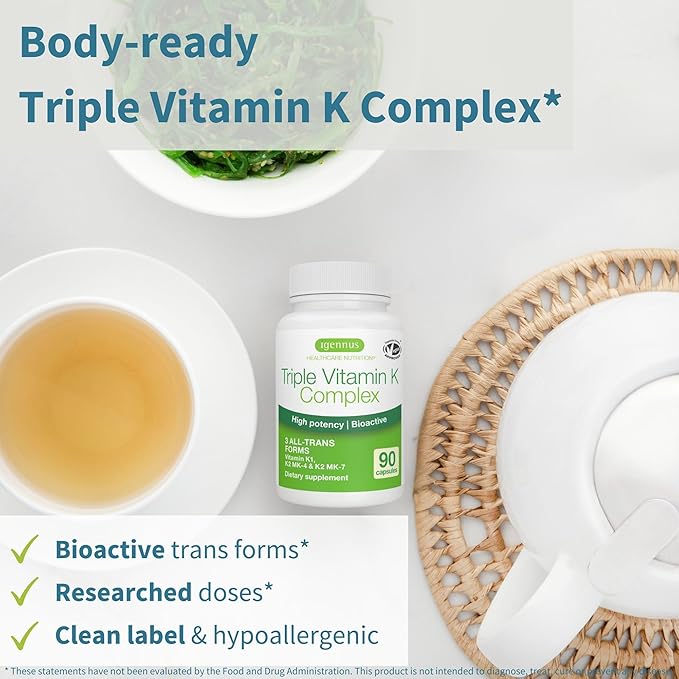Igennus Daily Vitamin D3 + High Strength Triple Vitamin K Complex 2000iu Cholecalciferol + 2700mcg Advanced Bioactive Vitamin K1 &amp K2 (MK-4 &amp MK-7)