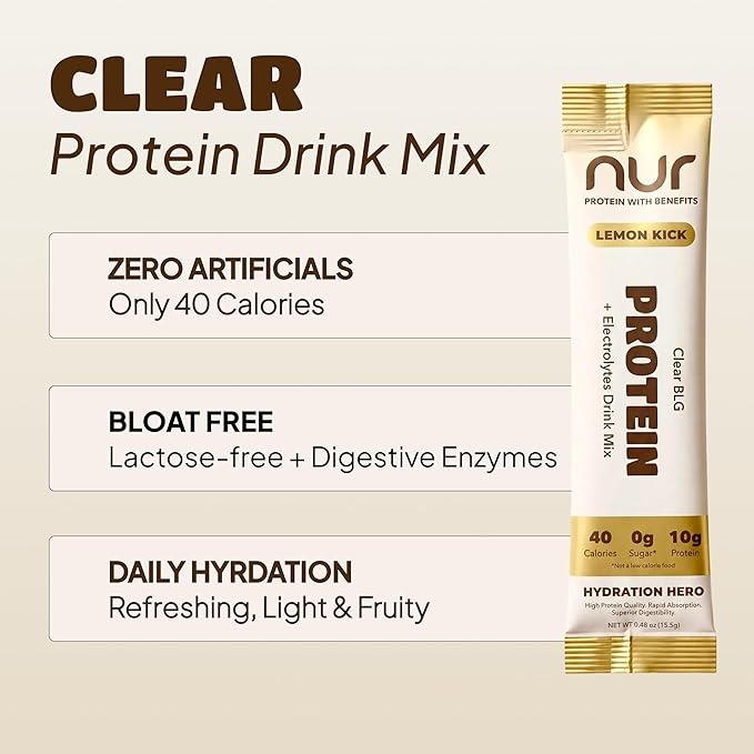 NUR Clear Whey Protein + Electrolytes Drink Mix Fermented BLG Single-Serve Sticks Lemon Kick 12-Pack – Lactose-Free Keto-Friendly Zero Sugar No Artificial Sweeteners Daily Hydration