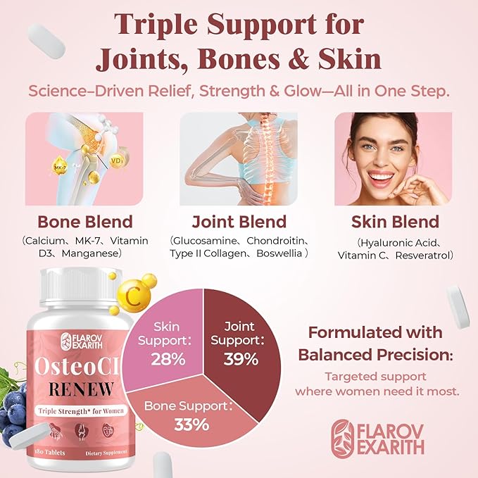 Joint Supplements for Women OsteoCII Renew Triple Strength – Advanced Joint Bone &amp Skin Formula – Collagen Glucosamine Chondroitin Calcium MK-7 Vitamin D3 Hyaluronic Acid 360 Tablets