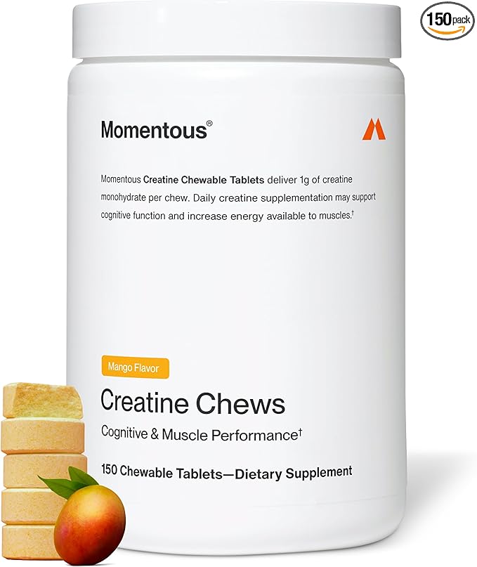 Momentous Creatine Chews - Creatine Monohydrate - Supports Strength Lean Muscle &amp Recovery for Men &amp Women - NSF Certified for Sport - 150 Chewable Tablets - Mango