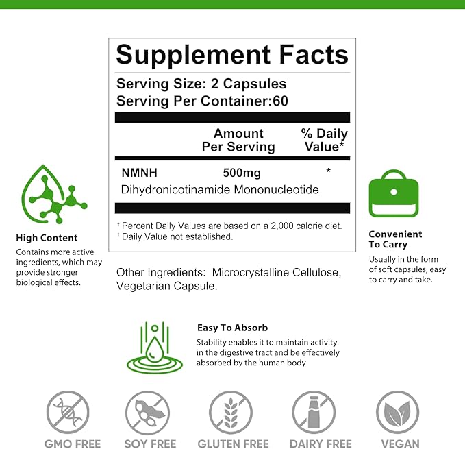 Advanced NMNH Supplement (Dihydronicotinamide Mononucleotide) 500mg - High Purity NAD+ Support Formula - Supports Cellular Energy Vitality and Focus - 120 Vegan Capsules