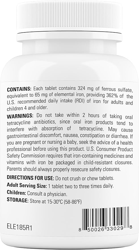 Ferrous Sulfate Enteric-Coated Tablets - Wellness for Life Dietary Supplement 100 Tablets - 324 mg