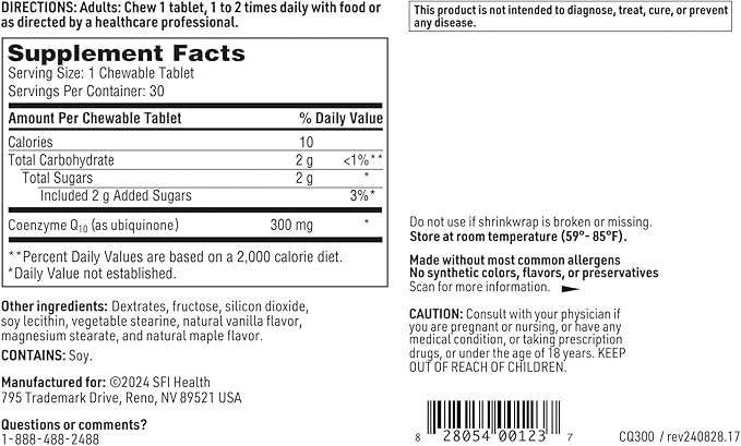 Klaire Labs Chewable Coenzyme Q10-300 Milligrams High Strength CoQ10 as Ubiquinone Emulsified with Vitamin E for Superior Absorption (30 Tablets)