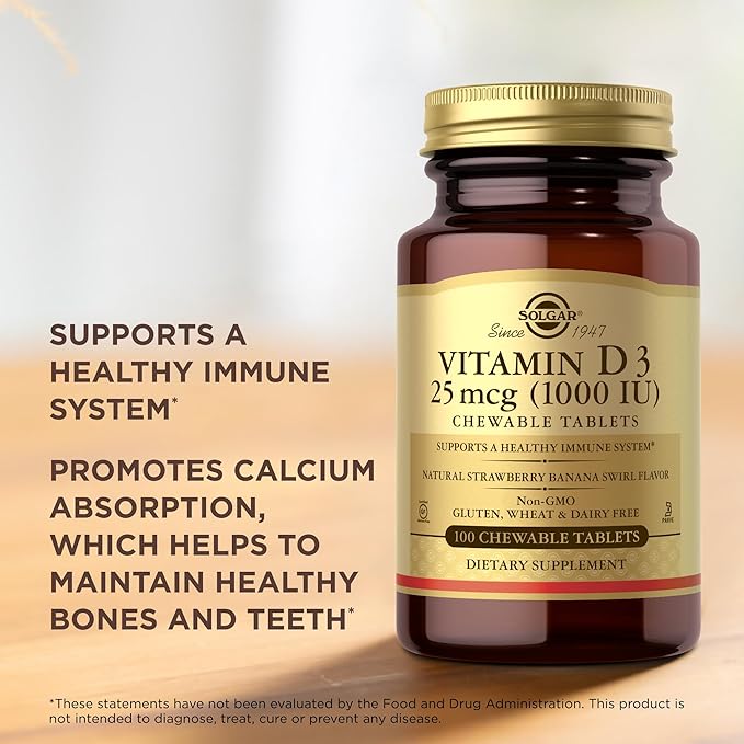 Solgar Vitamin D3 (Cholecalciferol) 25 mcg (1000 IU) Natural Strawberry Banana Swirl - 100 Chewable Tablets - Non-GMO Kosher - 100 Servings (Pack of 2)